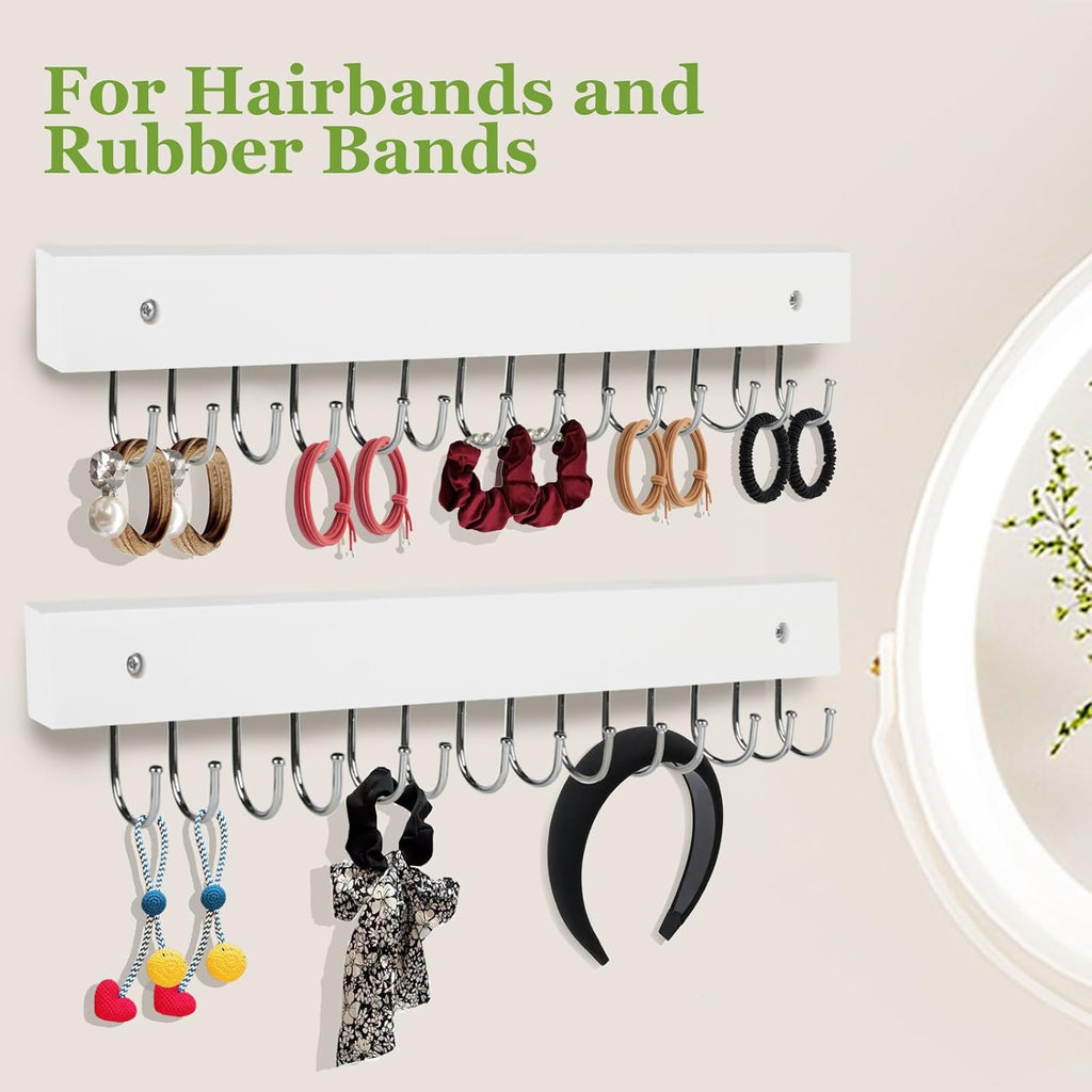 Necklace Holder Wall Mounted Jewelry Organizer - 2 Pack Wooden with 28 Hooks, Hanging Earring & Ring Bracelet Storage, Decorative Space-Saving Jewelry Display (White)