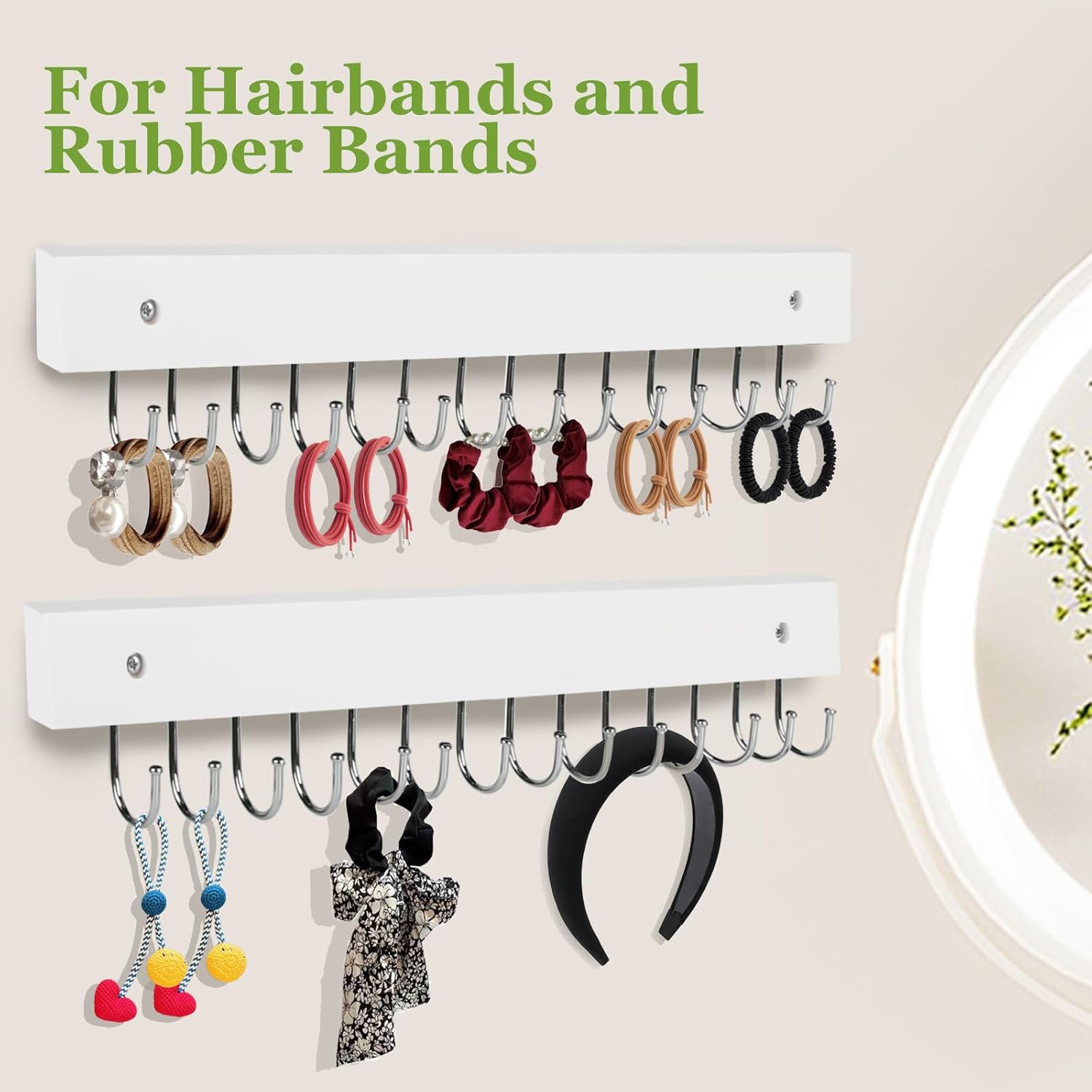 Necklace Holder Wall Mounted Jewelry Organizer - 2 Pack Wooden with 28 Hooks, Hanging Earring & Ring Bracelet Storage, Decorative Space-Saving Jewelry Display (White)