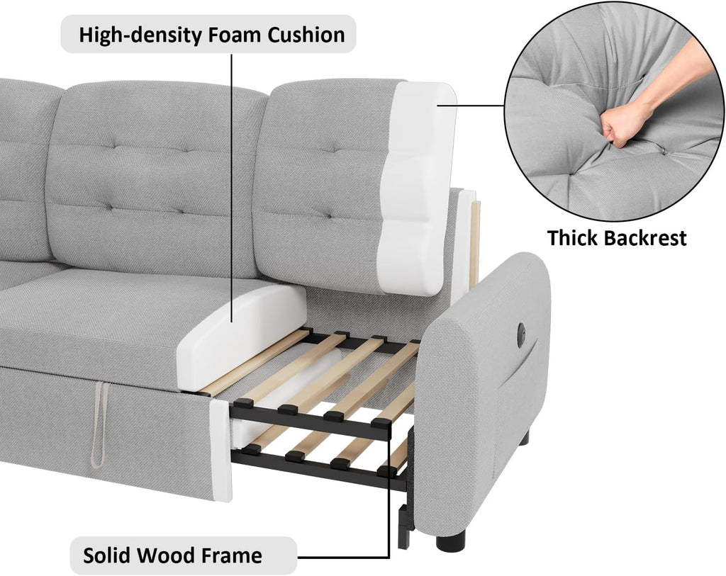 86" Sleeper Sofa Bed, Pull Out Couch Bed with Reversible Storage Chaise, Sectional Couches for Living Room with Side Pocket | Charging Station | Removable Backrest | Prime Linen, Light FGrey