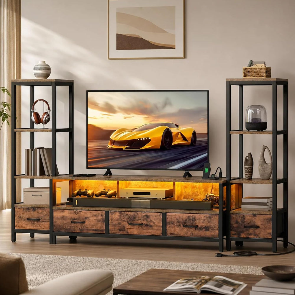 DWVO Industrial LED TV Stand for 65 Inch TVs, Entertainment Center with 2 4-T...