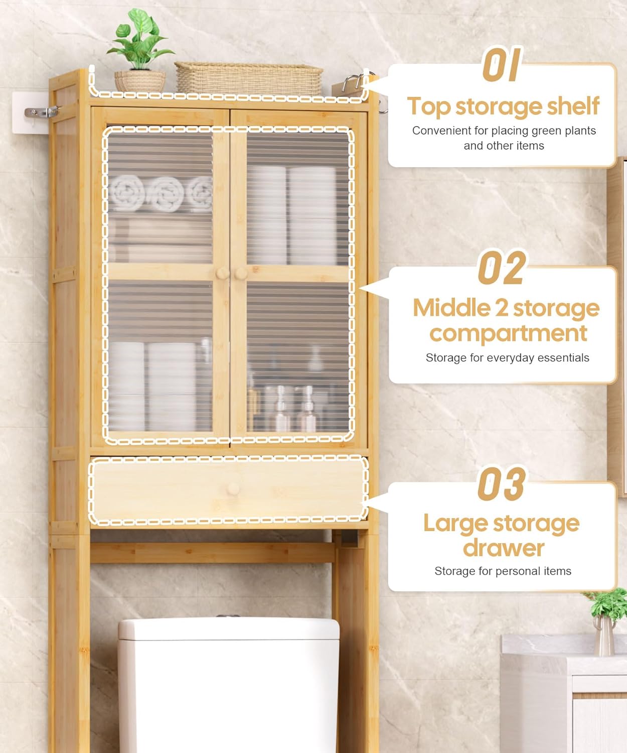 Over The Toilet Storage Cabinet: Bathroom Organizer Shelf with 1 Drawer and 2 Doors - Bamboo Saver Space Freestanding Rack for Restroom
