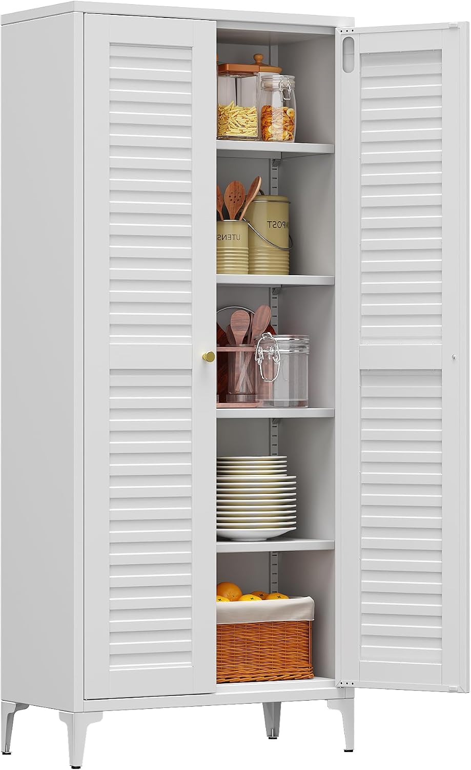Metal Storage Cabinet with 2 Doors and 4 Adjustable Shelves, Metal Pantry Cab...