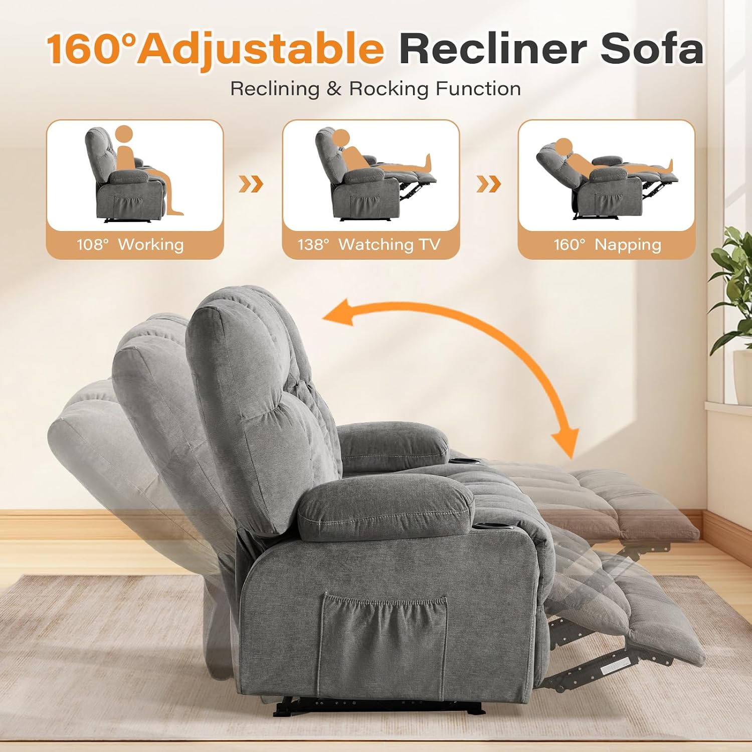 Oversized Fabric Reclining Loveseat Sofa for Living Room with Cup Holders | 2-seat recliner sofa with side pockets, padded seats and adjustable footrests for home theater, family room and relaxation