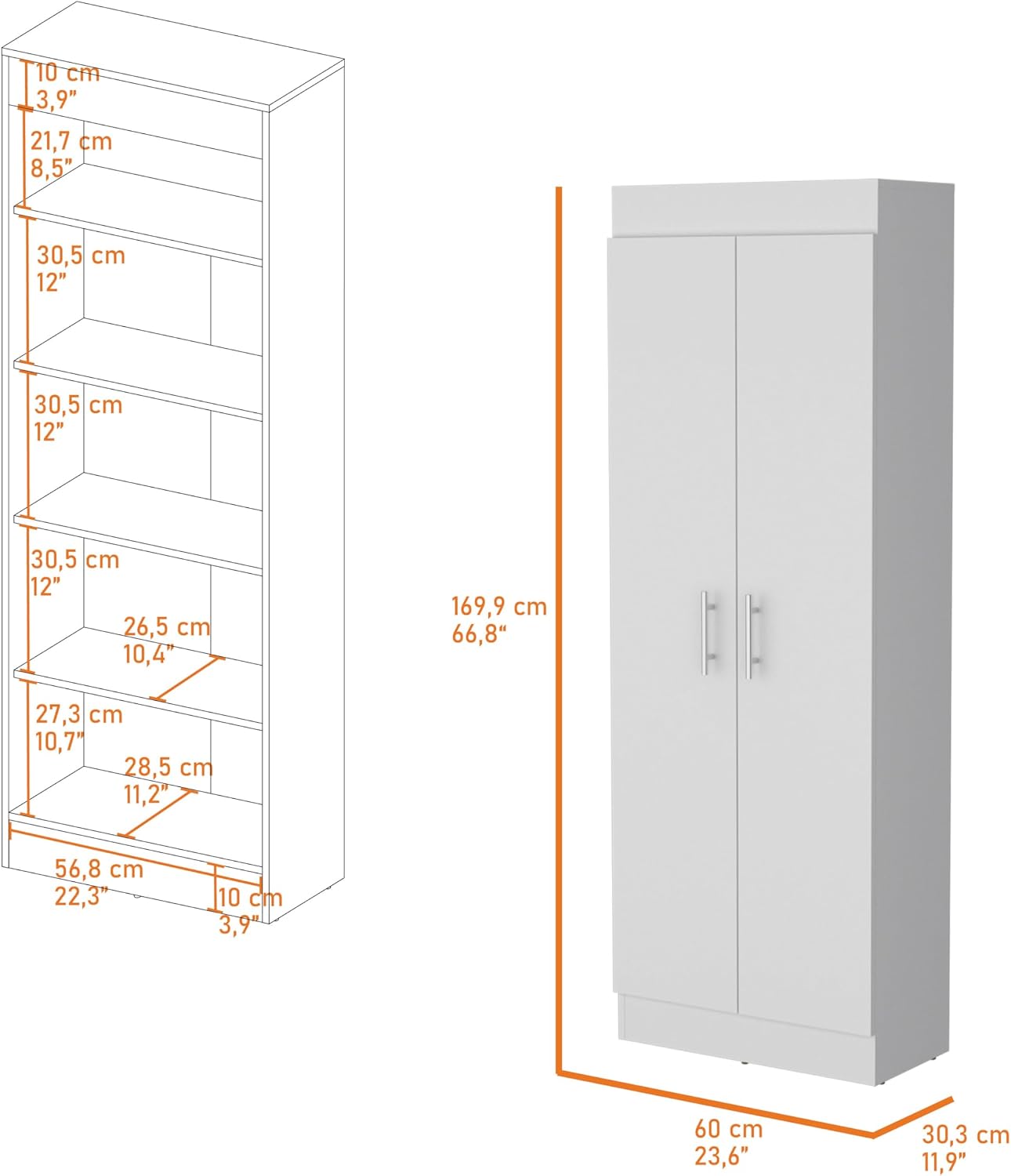23.6" D*11.9" W*66.8" H Freestanding Kitchen Pantry with 4 Shelves, Double Door, Rectangular Storage Cabinet, Modern Minimalist, for Living Room, Dining Room, White
