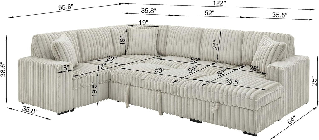 122-Inch Oversized Sectional Sleeper Sofa with Pull Out Bed,Khaki | Plush Corduroy U Shaped Modular Couch Gifts for Men Women, Storage Chaise Lounge and USB Charging Port,6 Seat Sectional Couch