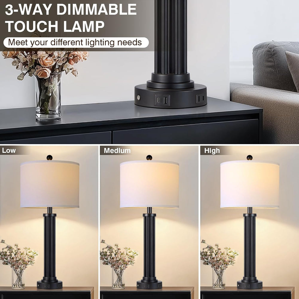 28" Tall Modern Table Lamps with USB C+A Ports and AC Outlet, 3 Way Touc...