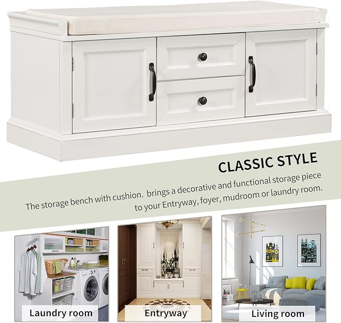 42″ Storage Bench with 2 Drawers and 2 Cabinets，Multipurpose Entryway Shoe Rack W/Removable Cushion，for Living Room Hallway Porch,White