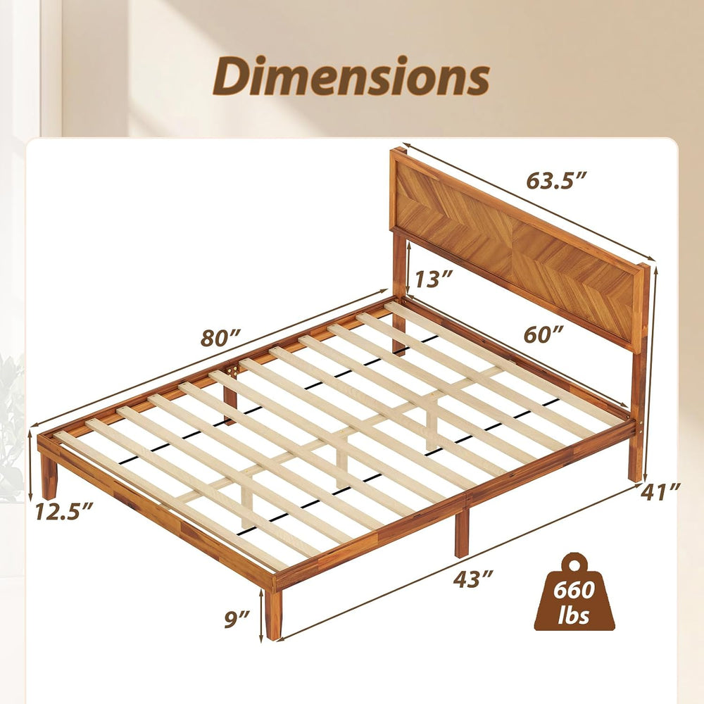 GOFLAME Queen Size Wood Bed Frame, Mid-Century Modern Platform Bed with Headb...