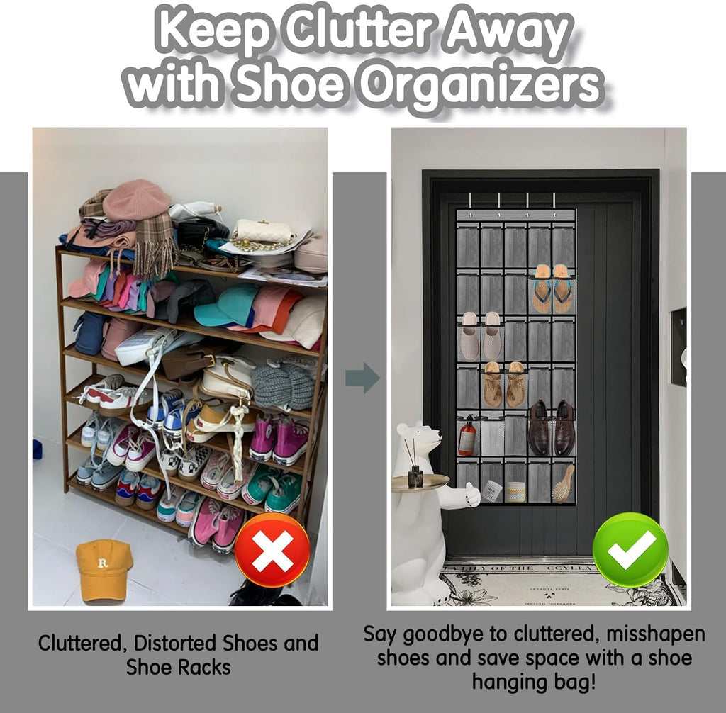 Kotkn Over the Door Shoe Organizer with 30 Breathable Mesh Pockets - Large Capacity Closet Storage for Men & Women, Hanging Shoe Rack Organizer (Gray)