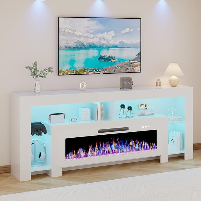 LEMBERI 80 inch Fireplace tv Stand with 50 inch Fireplace Up to 90" TVs,LED Light Entertainment Center and Storage, Modern Wood Media TV Console for Living Room