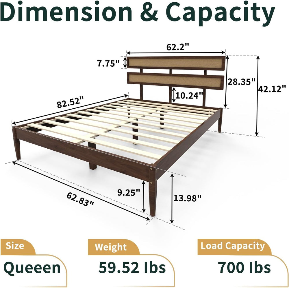 Karl home Bohemia Wood Bed Frame, Queen Size Platform Bed, Walnut Brown