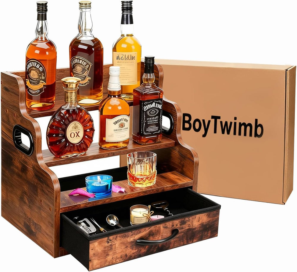 Liquor Bottle Display Shelf 3 Floors with Drawers | Countertop Wine Rack, Acc...