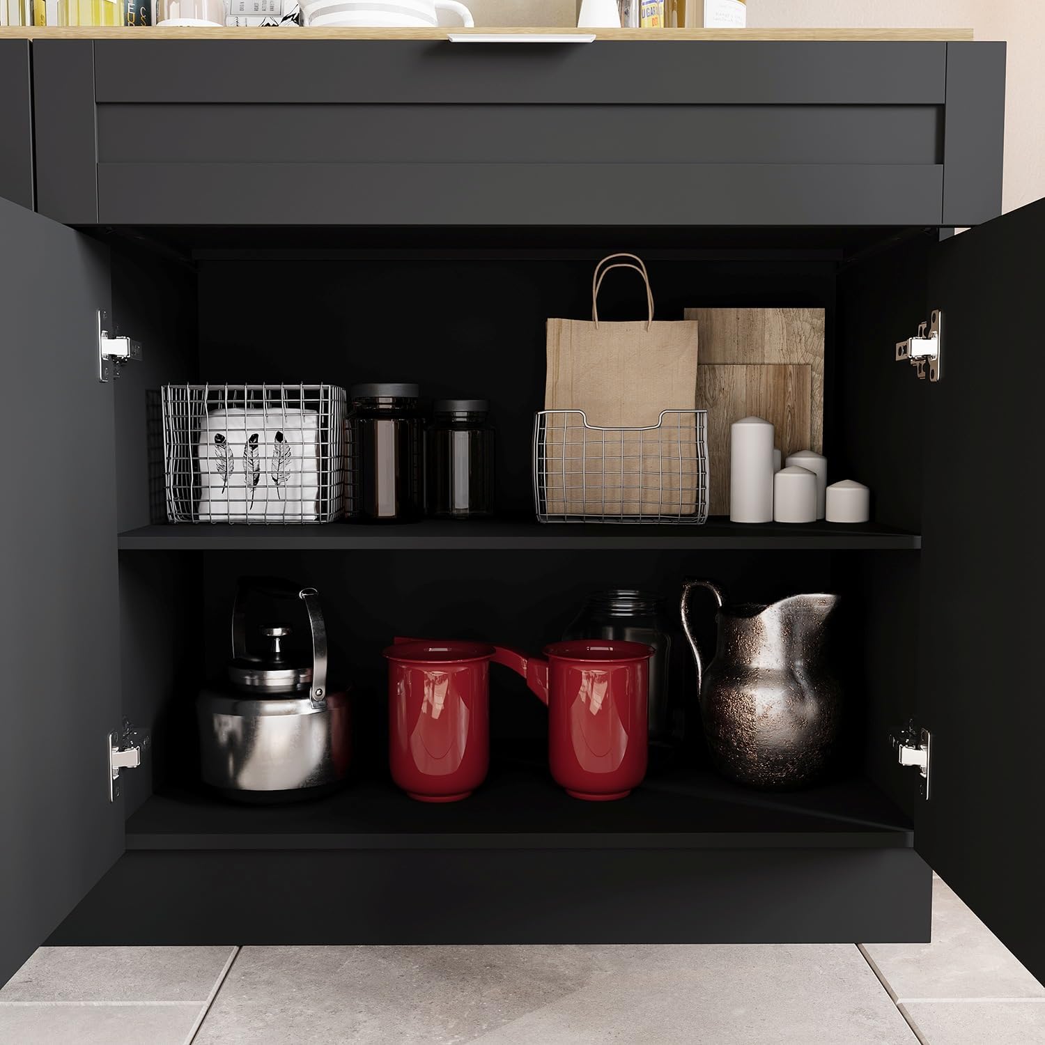 Timechee Large Kitchen Pantry Storage Cabinet Set with Wall Cupboard, Freestanding Food Pantry Cabinet for Kitchen with 6 Doors & 5 Drawers, Sideboards with Storage for Living Room, Black, 63" W