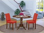 East West Furniture DLAB3-MAH-72 3 Piece Kitchen Table Set Contains a Round Dining Table with Dropleaf and 2 Firebrick Red Faux Leather Upholstered Chairs, 42x42 Inch, Mahogany