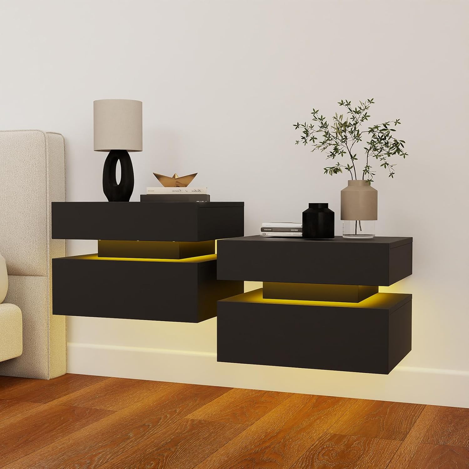 Vibe & Dine Floating Nightstand Set of 2, Wall Mounted Night Stand with Led Lights, Modern Bedside Tables with Drawers for Bedroom, Easy Assembly, Black
