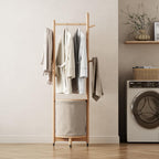 CycleCrew Solid Wood Coat Rack with Fabric Basket - Freestanding Coat Rack Rolling Coat Tree with 9 Hooks Wheels, Small Clothes Rack For Entryway Bedroom Hallway Living Room