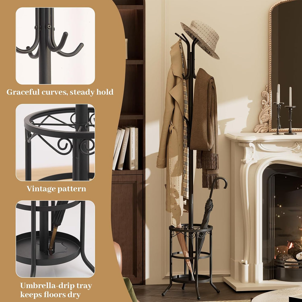 Coat Rack Freestanding with Umbrella Holder – Metal Hanger Stand, Hall Tree w...