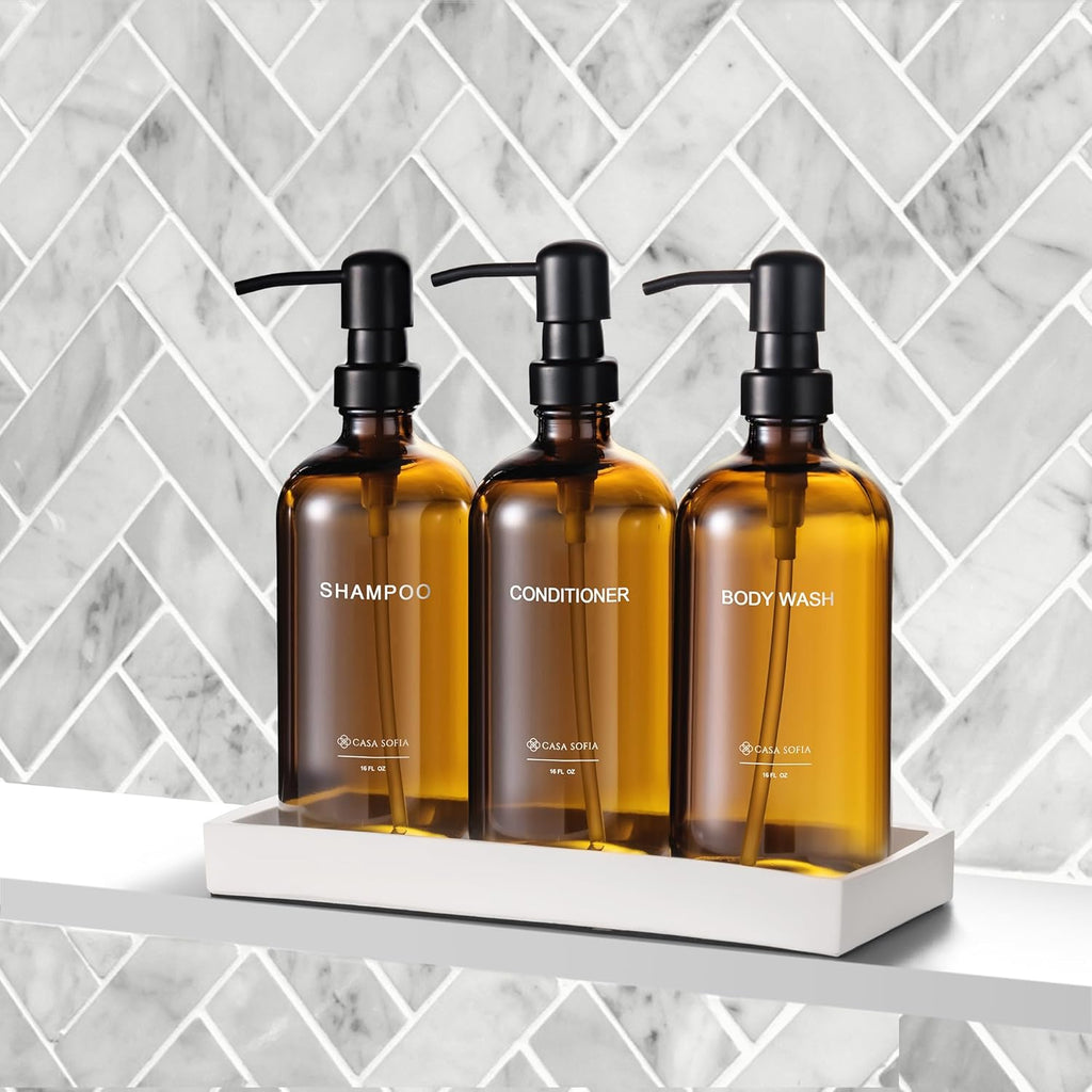 Amber Glass Shampoo and Conditioner Dispenser Set – Refillable 16 OZ Bottles with Pump, Concrete Tray Included – Modern Bathroom Organization