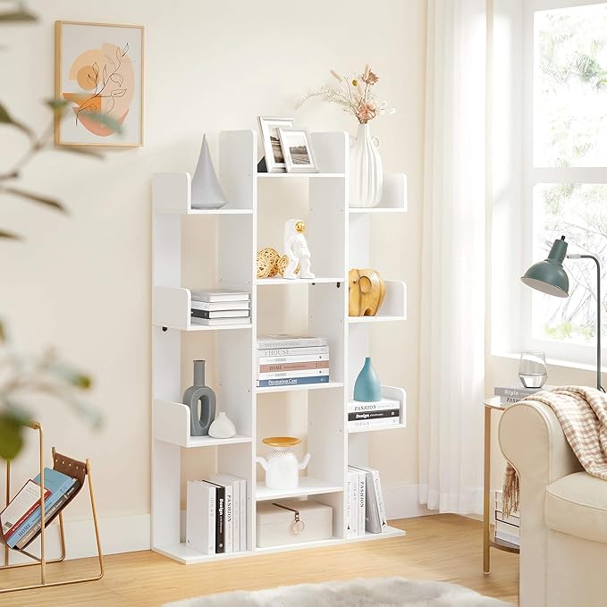VASAGLE Bookshelf, Tree-Shaped Bookcase with 13 Storage Shelves, Rounded Corn...