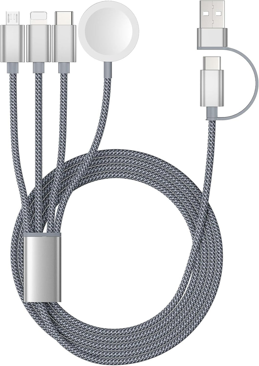 Temdan for Apple Watch Charger,4 in 2 USB C Cable for iPhone 17 Charger/Type C/Lightning/Micro USB,Multi Charging Cable Cord,Travel Vacation Essentials Designed for iWatch &iPhone 16-12-Grey