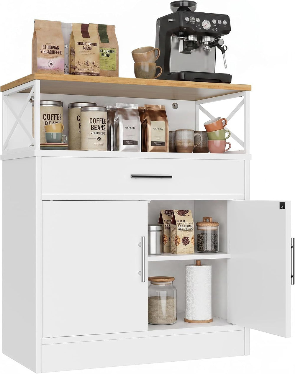 Vongrasig Coffee Bar Cabinet, Farmhouse Kitchen Storage Cabinet with Adjustab...