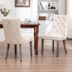 Velvet Dining Chairs Set of 2, Tufted Dining Room Chairs with Nailhead Ring Pull Trim, Upholstered Dining Chairs with Solid Wood Legs for Kitchen Dining Room (Beige)