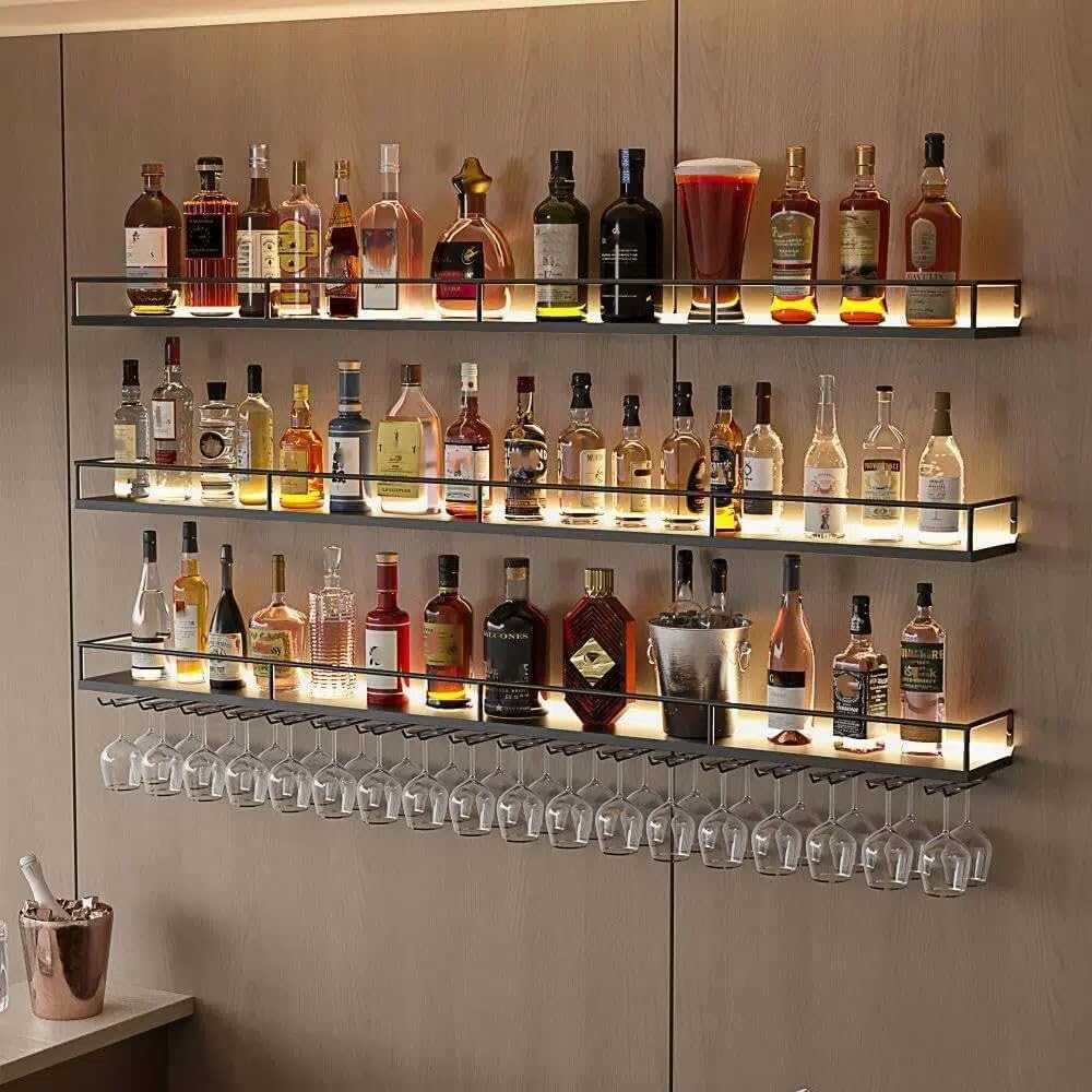 55.1" Wall Mounted Wine Rack with Lights, 3-Tier Floating Bar Shelf | Ho...