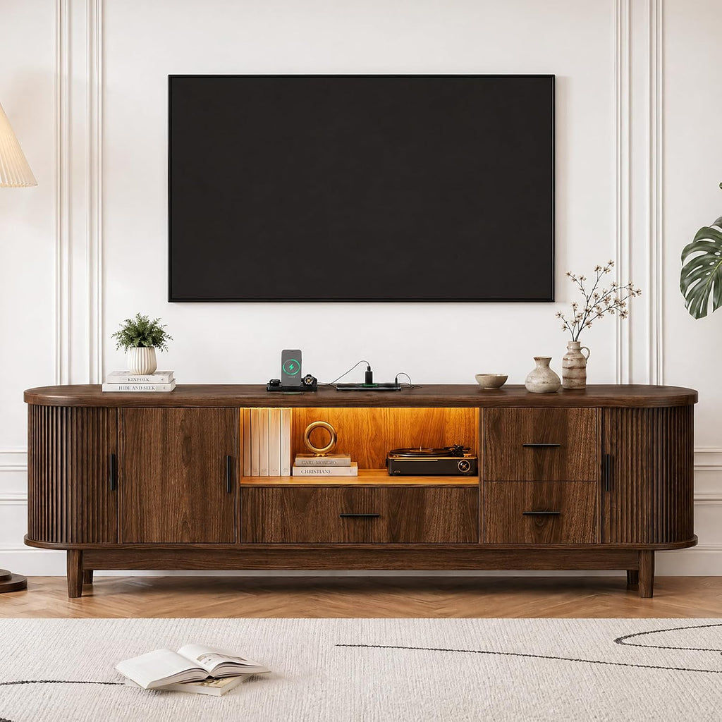 Haewon 63" Mid Century Modern TV Stand for TVs up to 75 Inch, Wood Entertainment Center with LED Lights and Power Outlet, Modern TV Console with Fluted Sliding Doors for Living Room, Walnut