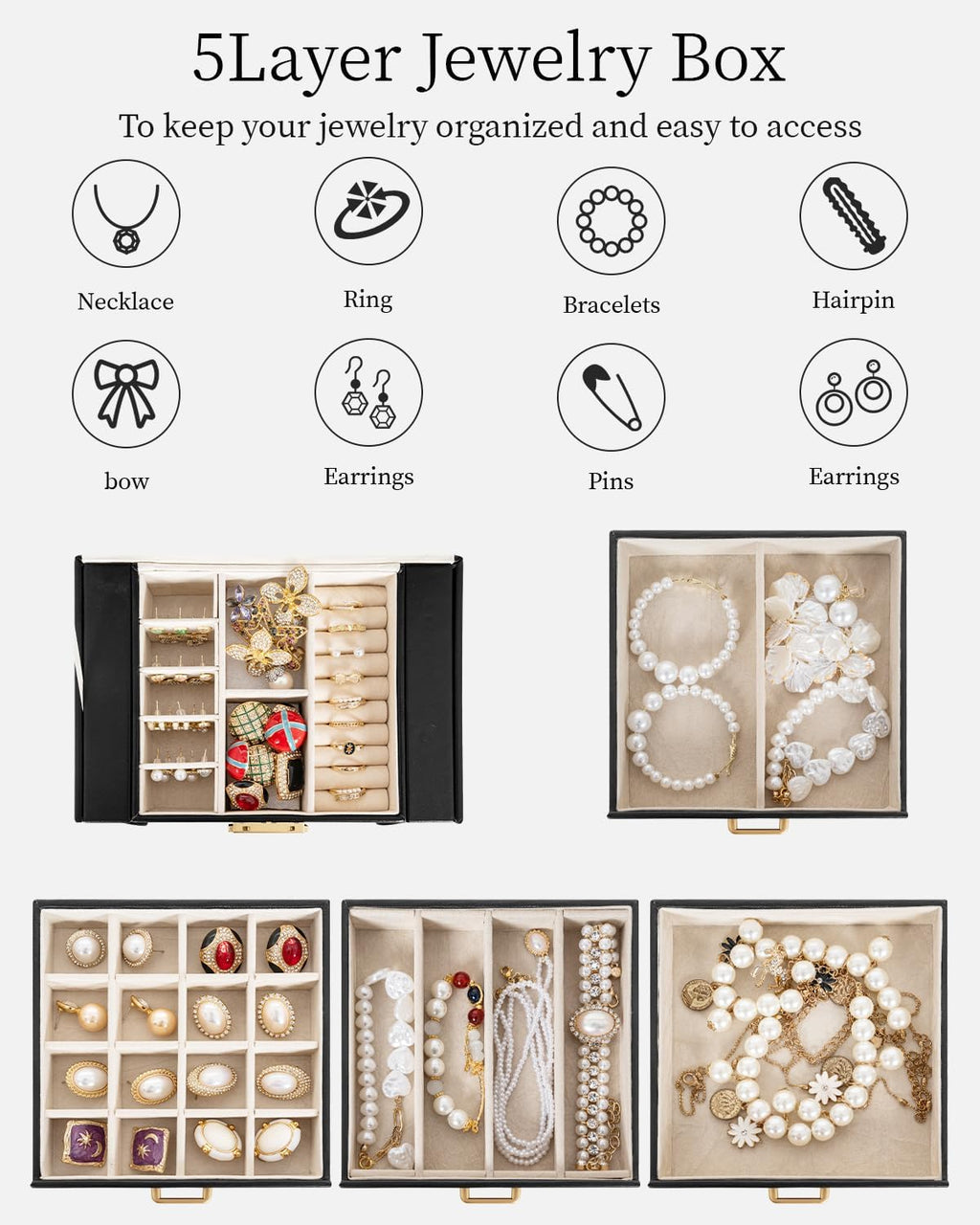 TORIBIO Jewelry Box for Women, Leather Jewelry Organizer with Mirror & Lock, 5-Tier Jewelry Storage Organizer with 4 Drawers for Girls/Women/Mothers, Necklace Earring Bracelets Holder Organizer