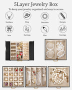 TORIBIO Jewelry Box for Women, Leather Jewelry Organizer with Mirror & Lock, 5-Tier Jewelry Storage Organizer with 4 Drawers for Girls/Women/Mothers, Necklace Earring Bracelets Holder Organizer