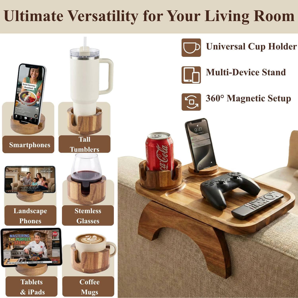 Couch Armrest Table, Acacia Wood Sofa Arm Tray with 360° Rotating Phone &...