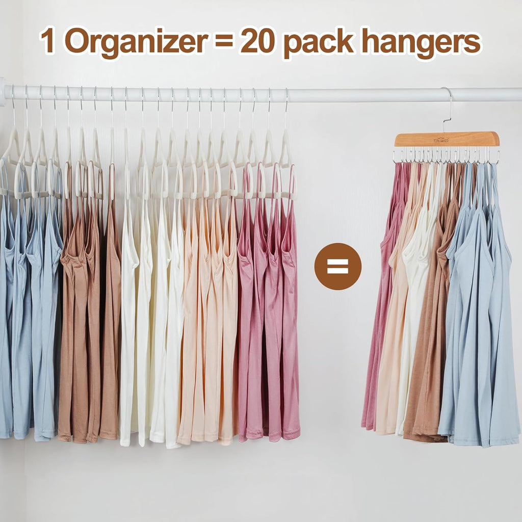 TOPIA HANGER Bra Hanger for Closet, Tank Top Hangers 20 Hooks Capacity Foldable Wood Space Saving Hangers Closet Organizer for Bra, Tank Top, Scarf, Belt, Tie, Hoodie etc - CT46N
