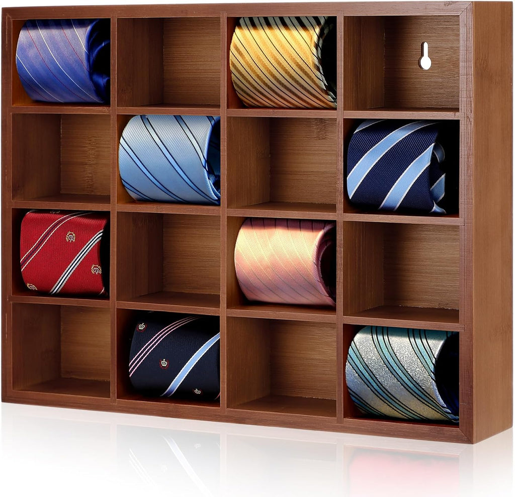 Wesiti Tie Box Organizer Wall Mounted Tie Rack with 16 Compartments Bamboo Belt Holder for Men Scarf Necktie Home Wall Closet (Dark Brown Color,1 Piece)
