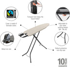 Brabantia Size A Compact Small Ironing Board (43x12 in) 7 Height Options, Adjustable Steam Iron Rest Holder (Denim Gray) Non-Slip Feet, Anti-Collapse Child Locks