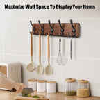 Kruodop Large Coat Rack Wall Mount Coat Hooks Coat Hanger with 5 Metal Black Triple- Hooks Brown Pine Real Wood Plank Hat Rack for Wall Hooks for Hanging Coat Hat Jacket