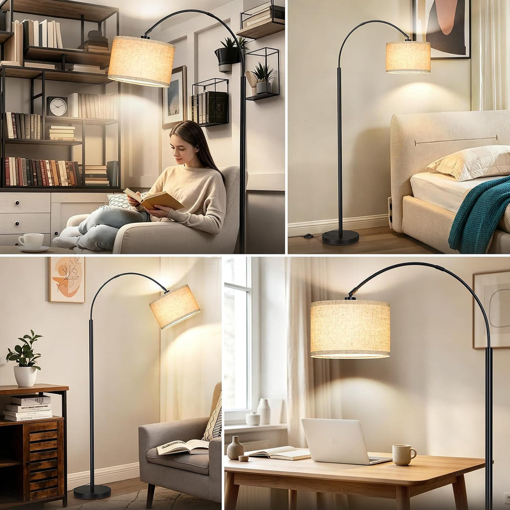 Arc Floor Lamps for Living Room, Black Standing Lamp with Linen Shade