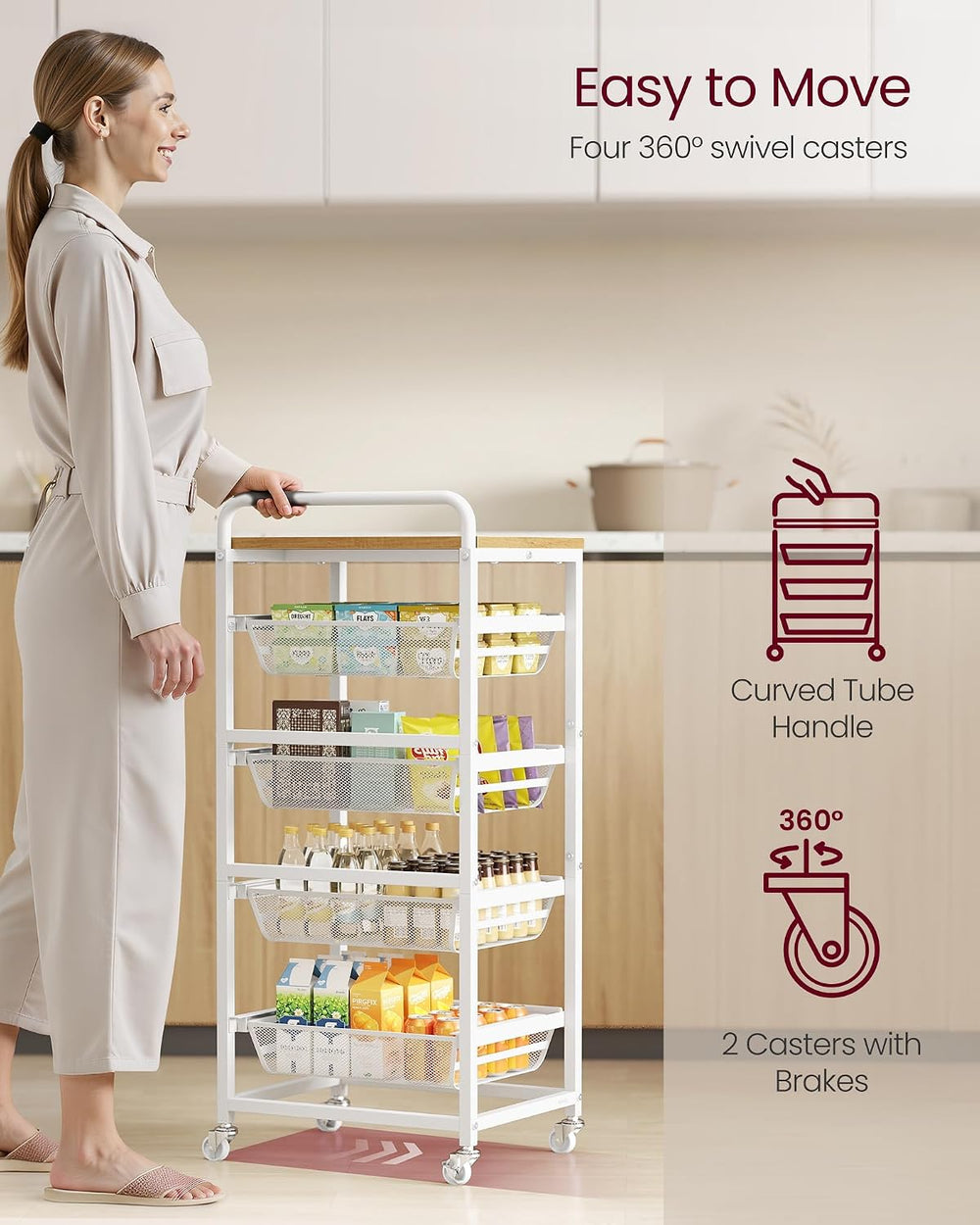 VASAGLE Storage Rolling Cart with Pull-Out Baskets, 5-Tier Utility Cart Orgni...