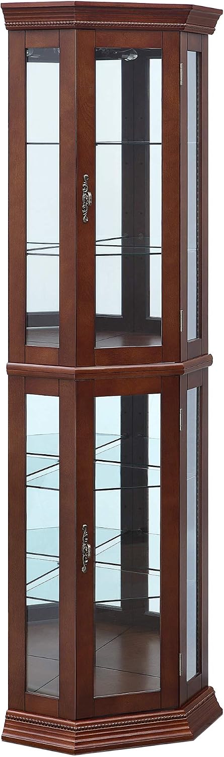 BELLEZE Lighted Wooden Corner Display Curio Cabinet, Two Section Shelving Uni...
