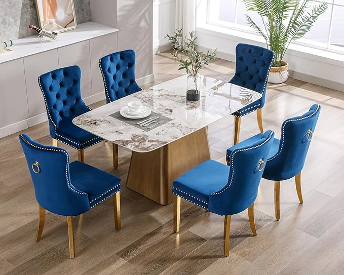 KCC Velvet Dining Chairs Set of 4, Upholstered High-end Tufted Dining Chair with Nailhead Back Ring Pull Trim Stainless Steel Legs, Contemporary Nikki Collection Modern Style for Kitchen, Blue