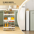 Small Kitchen Cart, 4-Tier Slim Rolling Island w/Handle, Laundry Room Storage Organizers Between Washer and Dryer, Narrow Spice Rack on Wheels Next to Fridge (White & Natural, 5'')