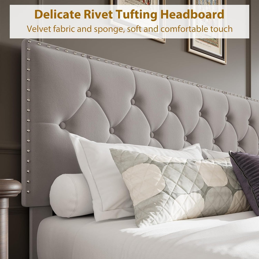 GarveeLife King Size Velvet Upholstered Bed Frame, 2 Storage Drawers with Smo...
