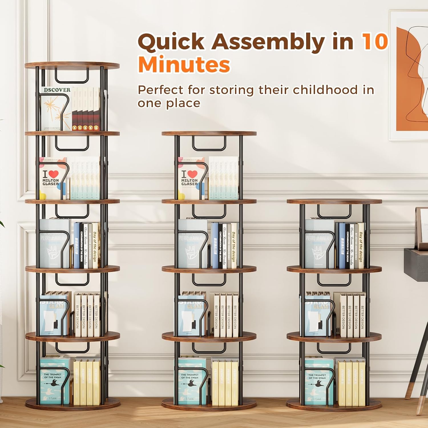 4 Tier Rotating Bookshelf Tower, 360° Display Round Bookcase, Floor Standing Corner Revolving Bookshelf Organizer Storage Rack for Small Spaces, Home Study Office, Black&Brown