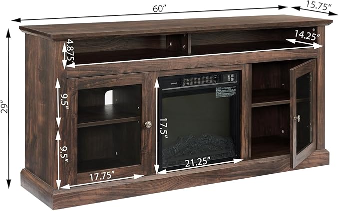 TV Stand with Electric Fireplaces: Rustic Wood TV Console for 65 Inch TV | Entertainment Center with Adjustable Shelves and Storage Cabinet for Living Room - Brown