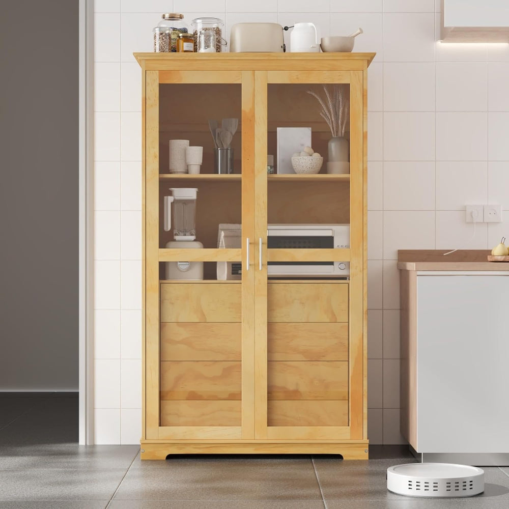 Freestanding pantry organizer armoire solid pine wood, glass double doors, fo...