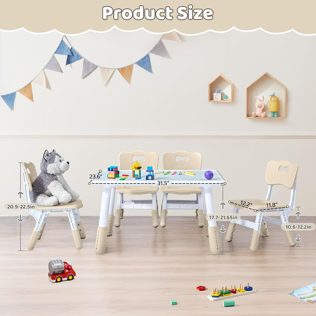 DOREROOM Toddler Table and 4 Chairs Set, Marble Top, No-Screw Legs, Natural | Graffiti Desktop, 31.5"L x 23.6"W, Frameless, Kids Ages 3-8, FSC-certified, Children Activity for Daycare, Classroom, Home