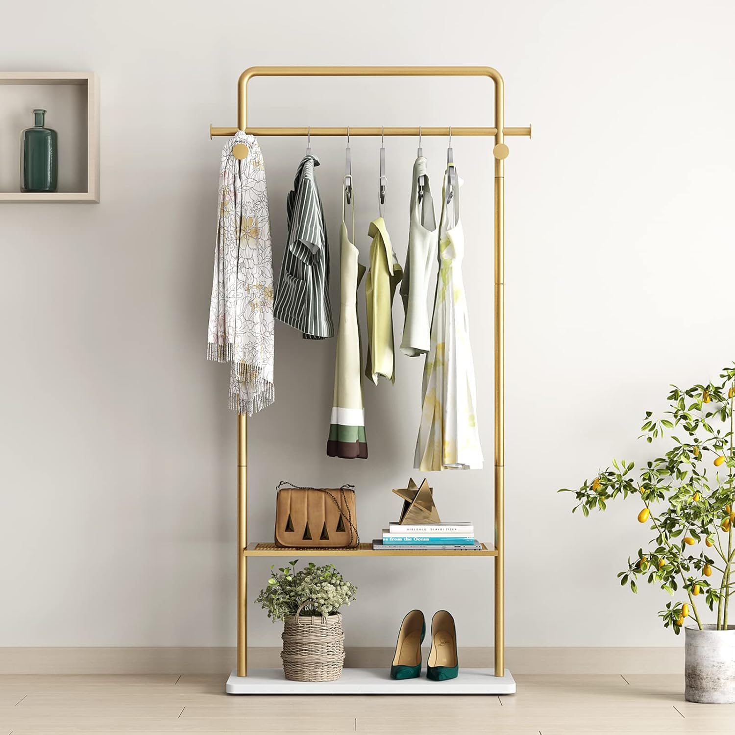 TIEOU Gold Coat Racks with Shelf, Heavy Duty Gold Clothing Racks for Boutiques, Free-Standing Metal Garment Rack for Hanging Clothes, Modern Clothes Rack Entryway(2 tier)
