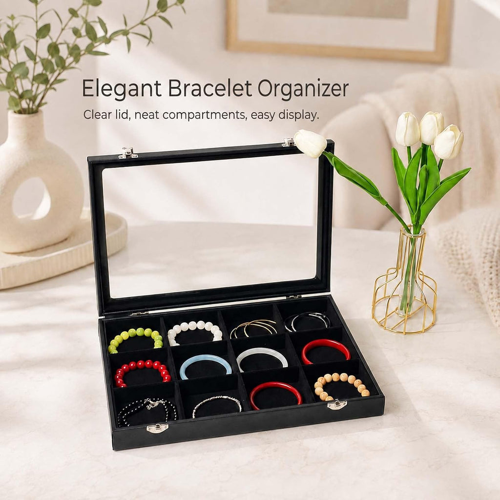 Black 12 Grid Jewelry Organizer Display Box with Transparent lid Bracelets Display Case Bracelet Box with Clasp Bangle Organizer Drawer Insert Bangle Brooch,Gift for Women Girls(12 Grid)
