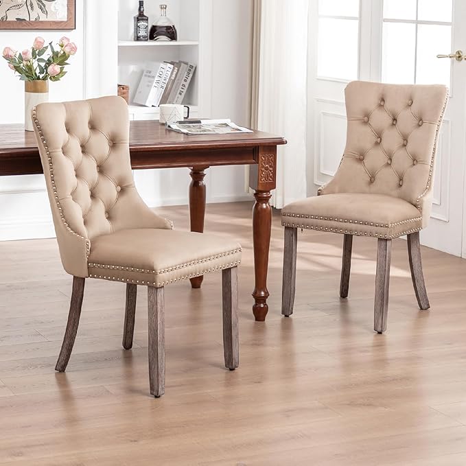 Kiztir Velvet Dining Chairs Set of 2, Upholstered Dining Chairs with Ring Pull Trim and Button Back, Luxury Tufted Dining Chair for Living Room, Bedroom, Kitchen (Khaki)