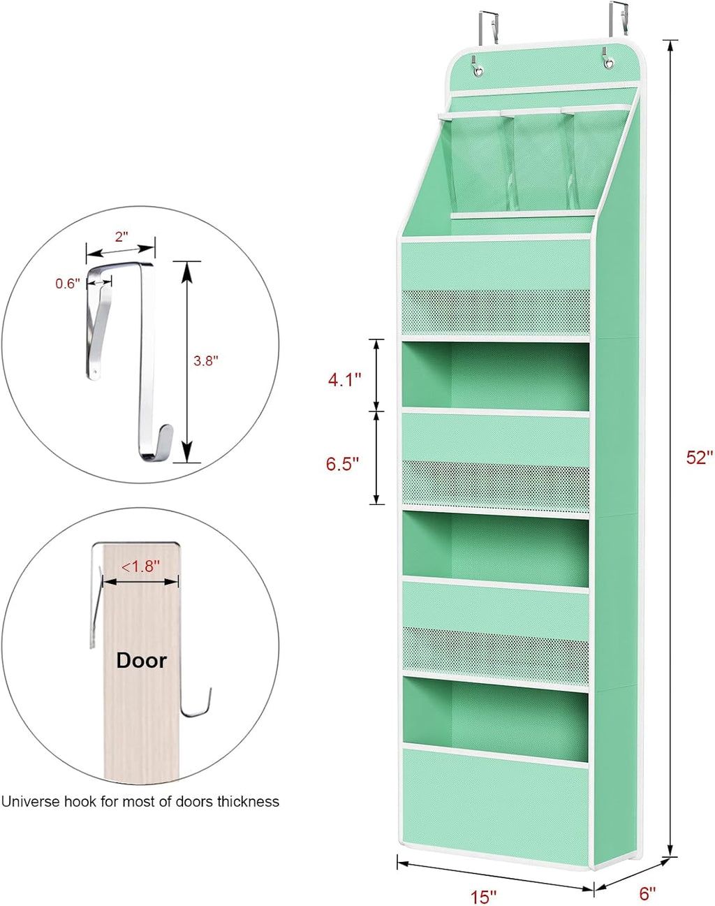 Univivi 5-Shelf Fabric Door Storage Over Door Hanging Organizer with 4 Large Pockets and 3 Small PVC Pockets Nursery Closet Cabinet Wall Mount Hanging Storage Organizers for Baby Nursery (Green)
