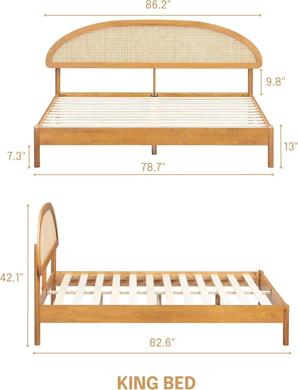 NTC Gem Wooden Bed Frame with Headboard and Natural Rattan, Solid Oak/Rubber ...